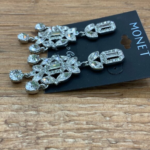 Monet Silver Tone Rhinestone Chandelier Earrings - Picture 6 of 7